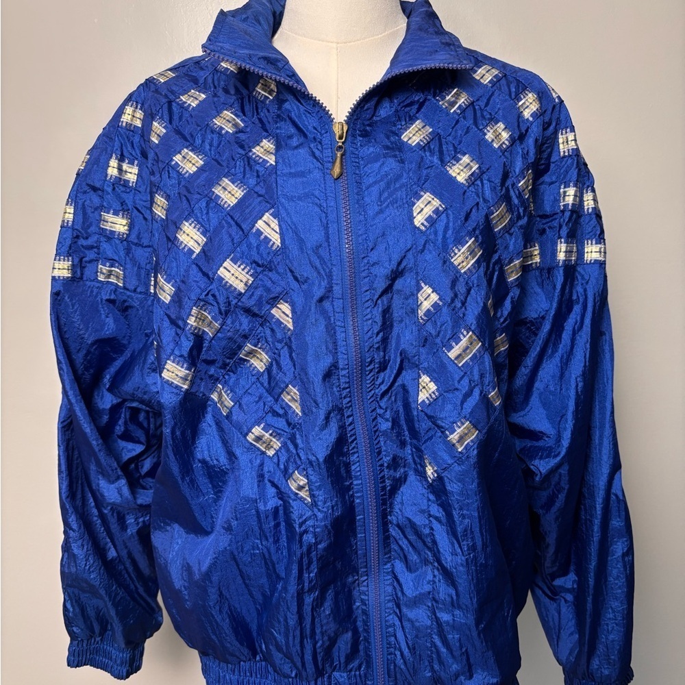 On Your Mark Vintage 80’s Blue Bomber Windbreaker Shoulder Pads Jacket Sz Large